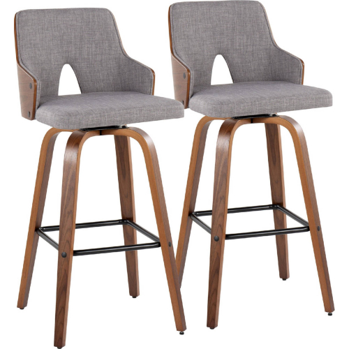 Stella 30" Swivel Bar Stool in Walnut Wood, Light Grey Fabric & Black Footrest (Set of 2)